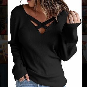 NWOT Womens Cross Front Long Sleeve V Neck Sweater